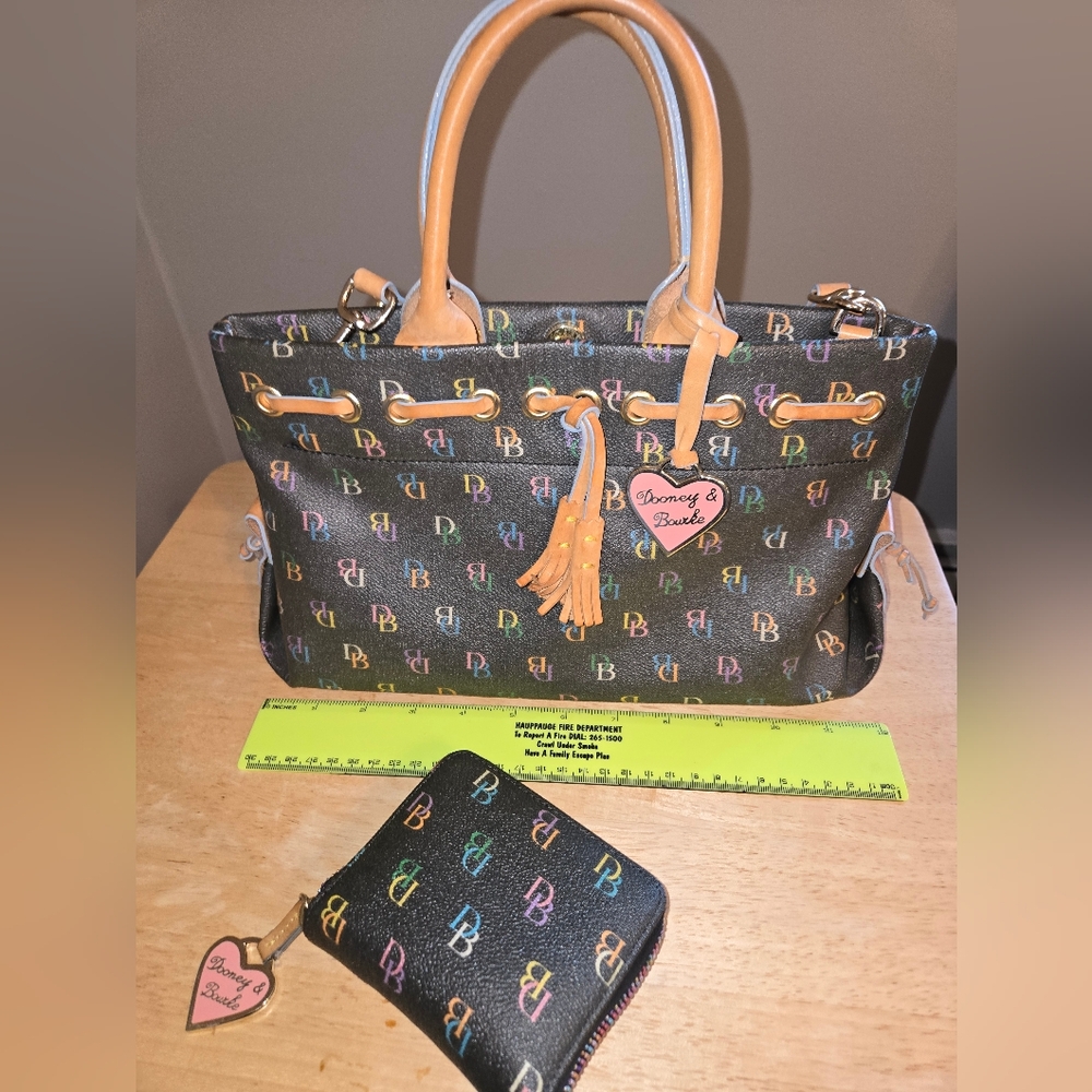 Vintage Dooney & Bourke Multicolor Signature Leather Satchel Bag w Pink Heart